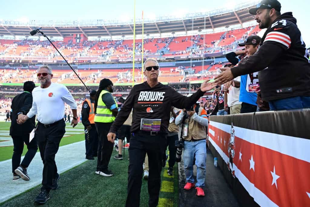 CLEVELAND, OHIO - SEPTEMBER 27: Head coach Todd Monken of the Cleveland Browns celebrates the 21-18 win against the Carolina Panthers with fans at Huntington Bank Field on September 27, 2026 in Cleveland, Ohio.