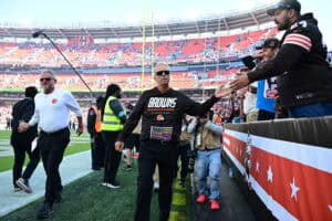 CLEVELAND, OHIO - SEPTEMBER 27: Head coach Todd Monken of the Cleveland Browns celebrates the 21-18 win against the Carolina Panthers with fans at Huntington Bank Field on September 27, 2026 in Cleveland, Ohio.