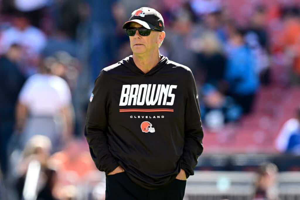 CLEVELAND, OHIO - SEPTEMBER 27: Head coach Todd Monken of the Cleveland Browns looks on during warmups prior to the game against the Carolina Panthers at Huntington Bank Field on September 27, 2026 in Cleveland, Ohio.
