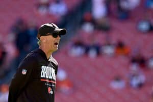 CLEVELAND, OHIO - SEPTEMBER 27: Head coach Todd Monken of the Cleveland Browns looks on during warmups prior to the game against the Carolina Panthers at Huntington Bank Field on September 27, 2026 in Cleveland, Ohio.