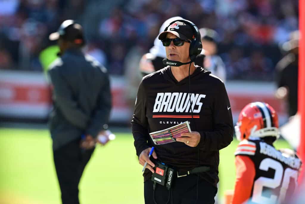 CLEVELAND, OHIO - SEPTEMBER 27: Head coach Todd Monken of the Cleveland Browns looks on against the Carolina Panthers during the third quarter at Huntington Bank Field on September 27, 2026 in Cleveland, Ohio.