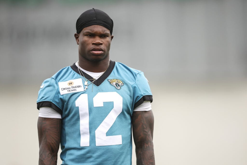 JACKSONVILLE, FLORIDA - JUNE 09: Travis Hunter #12 of the Jacksonville Jaguars looks on during Mandatory Minicamp at Miller Electric Center on June 09, 2026 in Jacksonville, Florida.