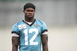 JACKSONVILLE, FLORIDA - JUNE 09: Travis Hunter #12 of the Jacksonville Jaguars looks on during Mandatory Minicamp at Miller Electric Center on June 09, 2026 in Jacksonville, Florida.