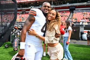 CLEVELAND, OHIO - AUGUST 10: Quarterback Deshaun Watson #4 of the Cleveland Browns and his girlfriend Jilly Anais pose for a photo before the game Green Bay Packers at Cleveland Browns Stadium on August 10, 2024 in Cleveland, Ohio.