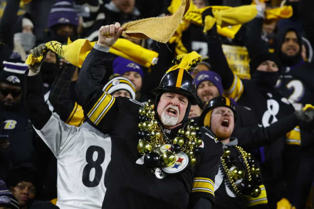 PITTSBURGH, PENNSYLVANIA - JANUARY 04: A Pittsburgh Steelers fan shows their support during the fourth quarter against the Baltimore Ravens at Acrisure Stadium on January 04, 2026 in Pittsburgh, Pennsylvania.