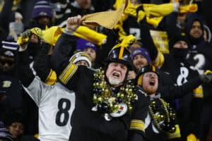 PITTSBURGH, PENNSYLVANIA - JANUARY 04: A Pittsburgh Steelers fan shows their support during the fourth quarter against the Baltimore Ravens at Acrisure Stadium on January 04, 2026 in Pittsburgh, Pennsylvania.
