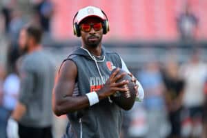 CLEVELAND, OHIO - AUGUST 27: Quarterback Shedeur Sanders #2 of the Cleveland Browns warms up before a preseason game against the New England Patriots at Huntington Bank Field on August 27, 2026 in Cleveland, Ohio.