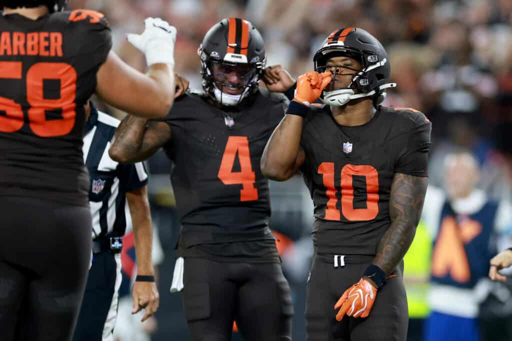 CLEVELAND, OHIO - OCTOBER 01: Quinshon Judkins #10 of the Cleveland Browns celebrates with Deshaun Watson #4 after scoring a touchdown against the Pittsburgh Steelers during the second quarter of the game at Huntington Bank Field on October 01, 2026 in Cleveland, Ohio.