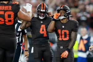 CLEVELAND, OHIO - OCTOBER 01: Quinshon Judkins #10 of the Cleveland Browns celebrates with Deshaun Watson #4 after scoring a touchdown against the Pittsburgh Steelers during the second quarter of the game at Huntington Bank Field on October 01, 2026 in Cleveland, Ohio.