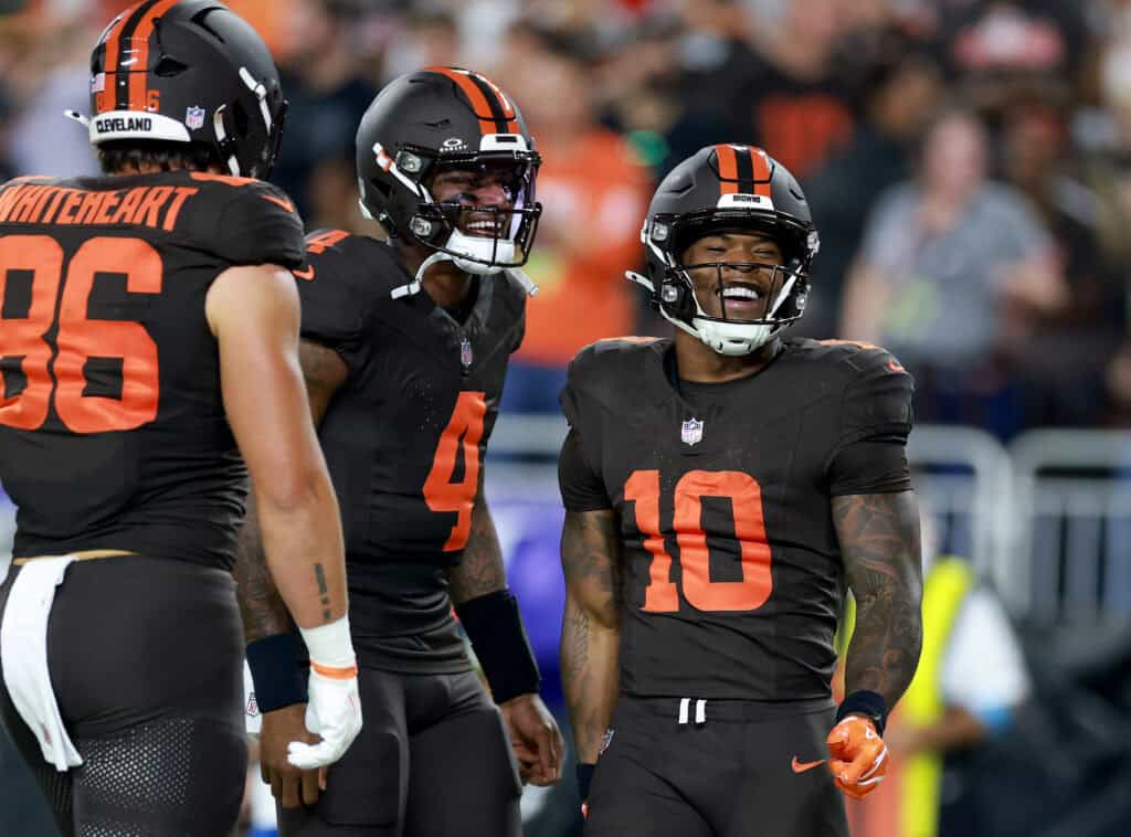 CLEVELAND, OHIO - OCTOBER 01: Quinshon Judkins #10 of the Cleveland Browns celebrates with Deshaun Watson #4 after scoring a touchdown against the Pittsburgh Steelers during the second quarter of the game at Huntington Bank Field on October 01, 2026 in Cleveland, Ohio.