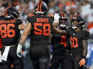 CLEVELAND, OHIO - OCTOBER 01: Quinshon Judkins #10 of the Cleveland Browns celebrates with Deshaun Watson #4, Blake Whiteheart #86 and Austin Barber #58 after scoring a touchdown against the Pittsburgh Steelers during the second quarter of the game at Huntington Bank Field on October 01, 2026 in Cleveland, Ohio