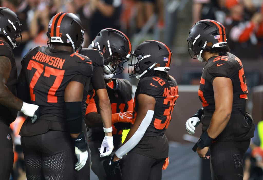 CLEVELAND, OHIO - OCTOBER 01: Jaleel McLaughlin #38 of the Cleveland Browns celebrates with teammates after scoring a 28 yard touchdown against the Pittsburgh Steelers during the second quarter of the game at Huntington Bank Field on October 01, 2026 in Cleveland, Ohio