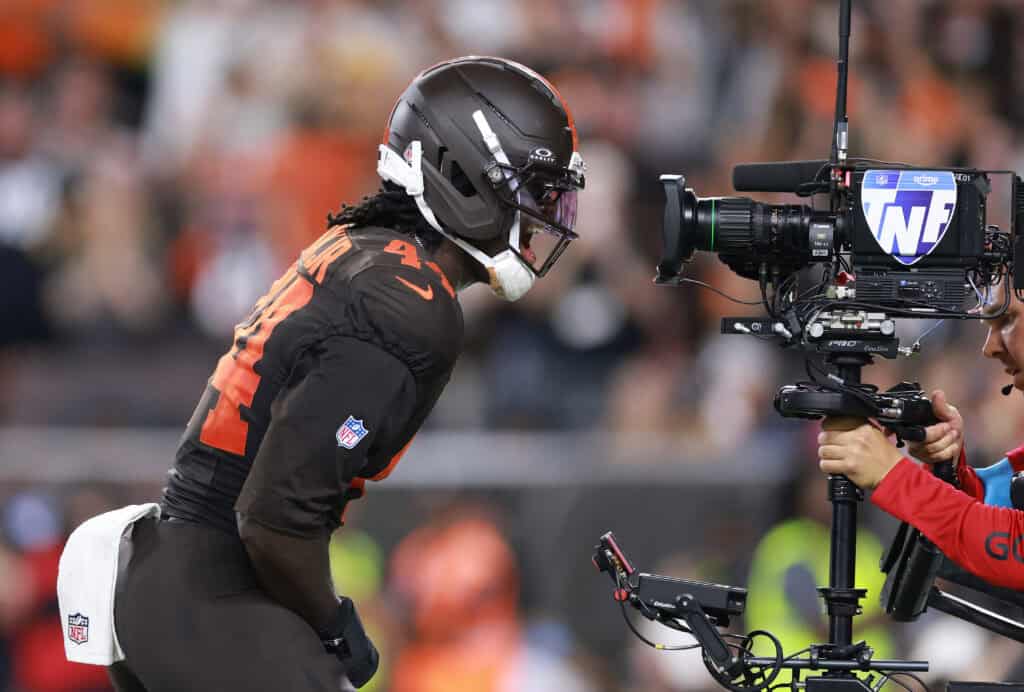 CLEVELAND, OHIO - OCTOBER 01: Harold Fannin Jr. #44 of the Cleveland Browns celebrates after scoring a touchdown against the Pittsburgh Steelers during the second quarter of the game at Huntington Bank Field on October 01, 2026 in Cleveland, Ohio.