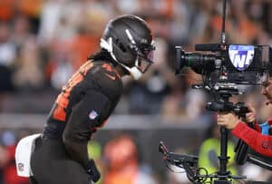 CLEVELAND, OHIO - OCTOBER 01: Harold Fannin Jr. #44 of the Cleveland Browns celebrates after scoring a touchdown against the Pittsburgh Steelers during the second quarter of the game at Huntington Bank Field on October 01, 2026 in Cleveland, Ohio.