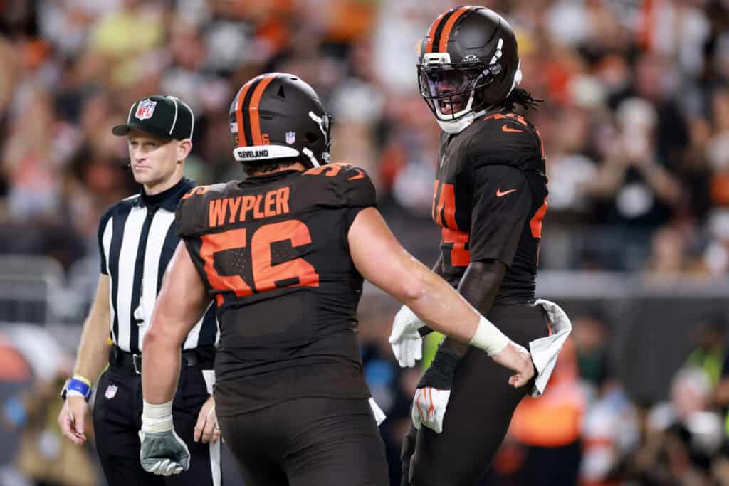 CLEVELAND, OHIO - OCTOBER 01: Harold Fannin Jr. #44 of the Cleveland Browns celebrates with Luke Wypler #56 after scoring a touchdown against the Pittsburgh Steelers during the second quarter of the game at Huntington Bank Field on October 01, 2026 in Cleveland, Ohio.