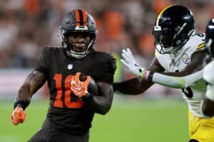 CLEVELAND, OHIO - OCTOBER 01: Quinshon Judkins #10 of the Cleveland Browns runs the ball after a catch against the Pittsburgh Steelers during the second quarter of the game at Huntington Bank Field on October 01, 2026 in Cleveland, Ohio.