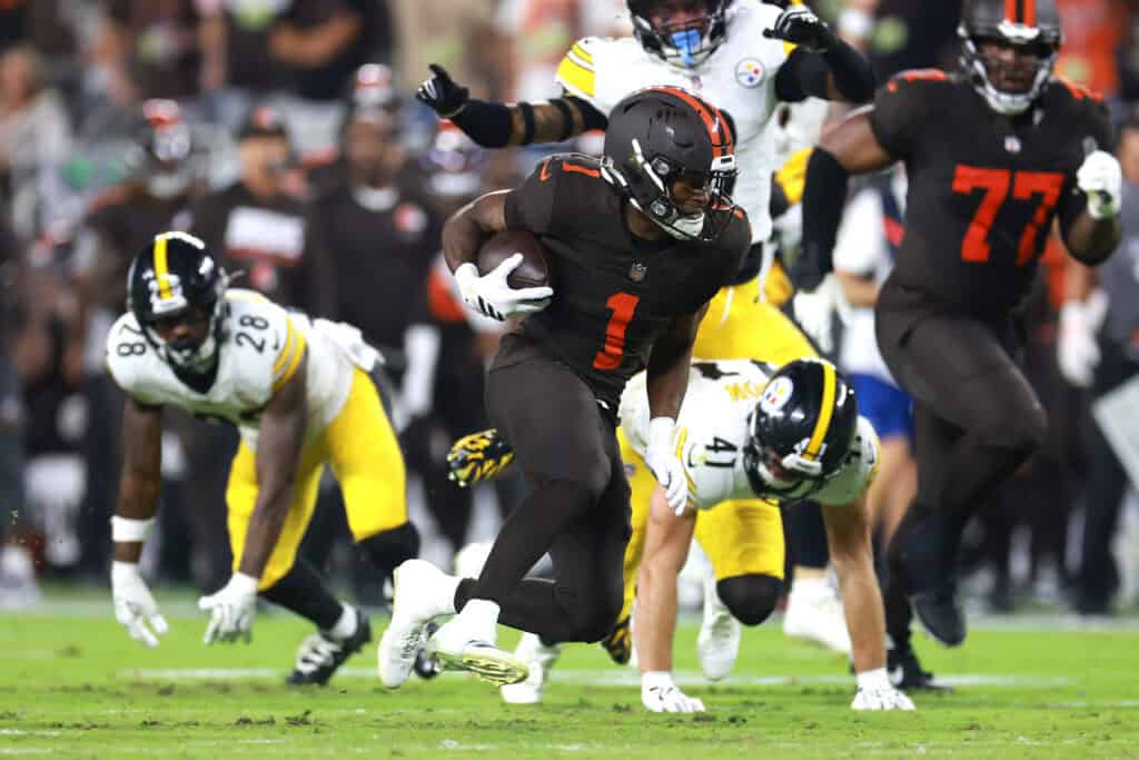 CLEVELAND, OHIO - OCTOBER 01: Kc Concepcion #1 of the Cleveland Browns runs the ball after a catch against the Pittsburgh Steelers during the second quarter of the game at Huntington Bank Field on October 01, 2026 in Cleveland, Ohio.