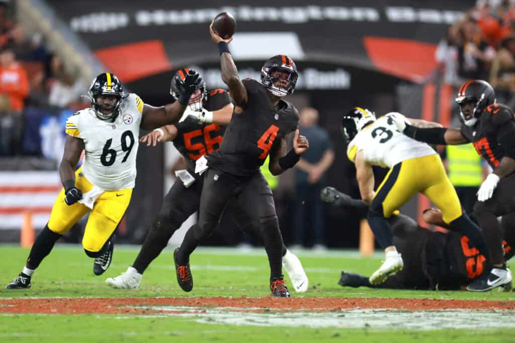 CLEVELAND, OHIO - OCTOBER 01: Deshaun Watson #4 of the Cleveland Browns throws a pass against the Pittsburgh Steelers during the second quarter of the game at Huntington Bank Field on October 01, 2026 in Cleveland, Ohio.