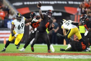 CLEVELAND, OHIO - OCTOBER 01: Deshaun Watson #4 of the Cleveland Browns throws a pass against the Pittsburgh Steelers during the second quarter of the game at Huntington Bank Field on October 01, 2026 in Cleveland, Ohio.