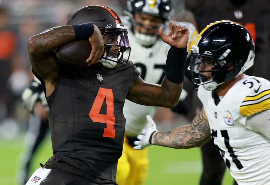 CLEVELAND, OHIO - OCTOBER 01: Deshaun Watson #4 of the Cleveland Browns scrambles short of a first down against the Pittsburgh Steelers during the fourth quarter of the game at Huntington Bank Field on October 01, 2026 in Cleveland, Ohio