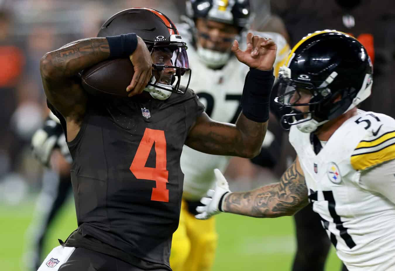 CLEVELAND, OHIO - OCTOBER 01: Deshaun Watson #4 of the Cleveland Browns scrambles short of a first down against the Pittsburgh Steelers during the fourth quarter of the game at Huntington Bank Field on October 01, 2026 in Cleveland, Ohio