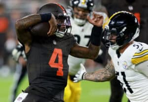 CLEVELAND, OHIO - OCTOBER 01: Deshaun Watson #4 of the Cleveland Browns scrambles short of a first down against the Pittsburgh Steelers during the fourth quarter of the game at Huntington Bank Field on October 01, 2026 in Cleveland, Ohio
