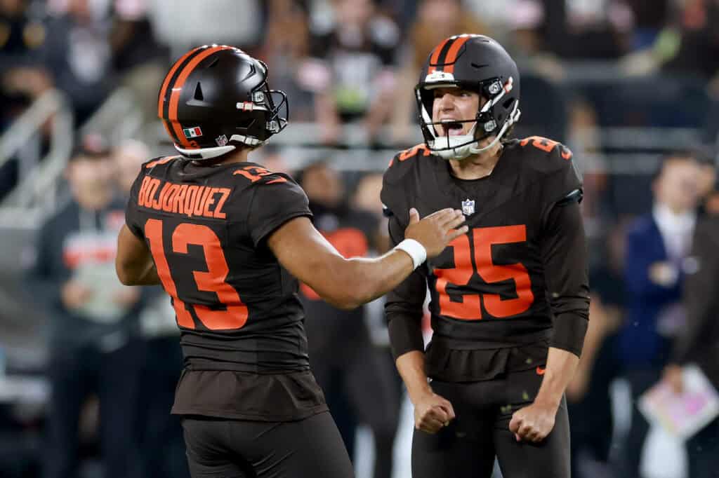 CLEVELAND, OHIO - OCTOBER 01: Andre Szmyt #25 of the Cleveland Browns celebrates with Corey Bojorquez #13 after kicking a 56 yard game winning field goal against the Pittsburgh Steelers during the fourth quarter of the game at Huntington Bank Field on October 01, 2026 in Cleveland, Ohio.