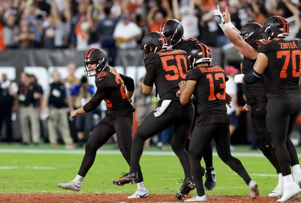 CLEVELAND, OHIO - OCTOBER 01: Andre Szmyt #25 of the Cleveland Browns celebrates with teammates after kicking a 56 yard game winning field goal against the Pittsburgh Steelers during the fourth quarter of the game at Huntington Bank Field on October 01, 2026 in Cleveland, Ohio.