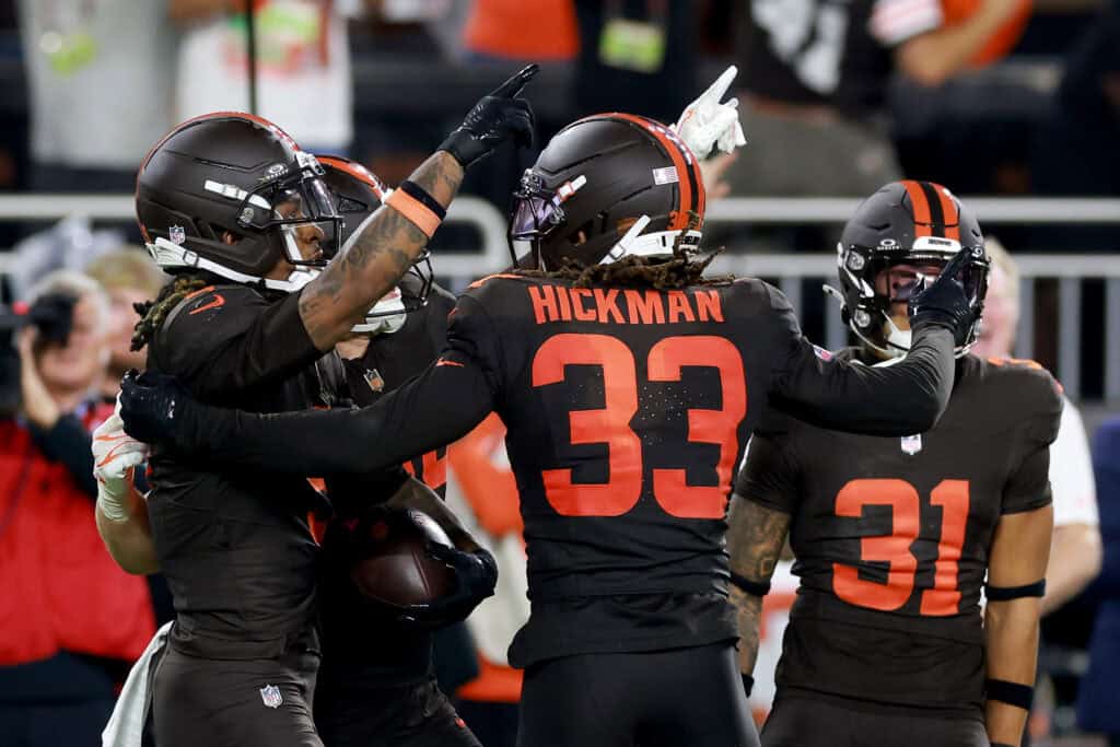 CLEVELAND, OHIO - OCTOBER 01: Grant Delpit #9 of the Cleveland Browns celebrates with Ronnie Hickman #33 after intercepting a pass thrown by Aaron Rodgers #8 of the Pittsburgh Steelers during the fourth quarter of the game at Huntington Bank Field on October 01, 2026 in Cleveland, Ohio.
