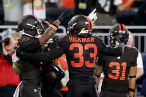 CLEVELAND, OHIO - OCTOBER 01: Grant Delpit #9 of the Cleveland Browns celebrates with Ronnie Hickman #33 after intercepting a pass thrown by Aaron Rodgers #8 of the Pittsburgh Steelers during the fourth quarter of the game at Huntington Bank Field on October 01, 2026 in Cleveland, Ohio.