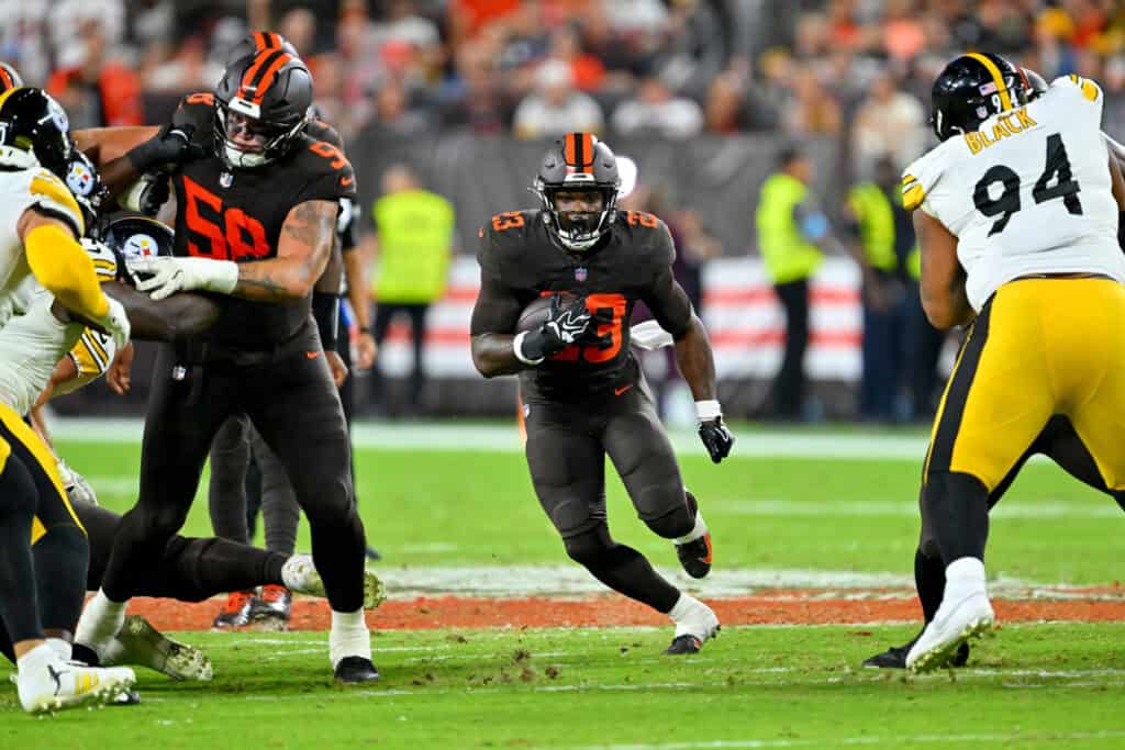 CLEVELAND, OHIO - OCTOBER 01: Running back Raheim Sanders #23 of the Cleveland Browns runs for a gain during the third quarter against the Pittsburgh Steelers at Huntington Bank Field on October 01, 2026 in Cleveland, Ohio.