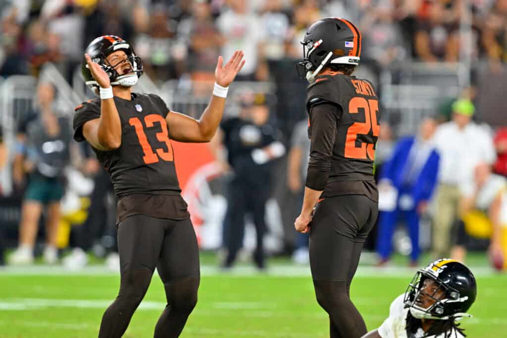 CLEVELAND, OHIO - OCTOBER 01: Punter Corey Bojorquez #13 and placekicker Andre Szmyt #25 of the Cleveland Browns celebrate after they hit a 54-yard game-winning field goal during the fourth quarter against the Pittsburgh Steelers at Huntington Bank Field on October 01, 2026 in Cleveland, Ohio.
