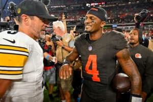 CLEVELAND, OHIO - OCTOBER 01: Quarterback Aaron Rodgers #8 of the Pittsburgh Steelers talks to quarterback Deshaun Watson #4 of the Cleveland Browns after the game at Huntington Bank Field on October 01, 2026 in Cleveland, Ohio.
