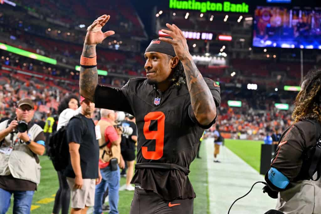 CLEVELAND, OHIO - OCTOBER 01: Safety Grant Delpit #9 of the Cleveland Browns celebrates after the game against the Pittsburgh Steelers at Huntington Bank Field on October 01, 2026 in Cleveland, Ohio.