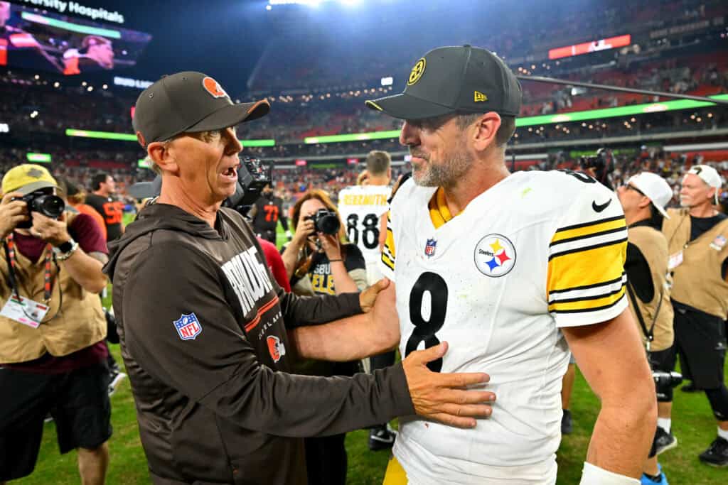 CLEVELAND, OHIO - OCTOBER 01: Head coach Todd Monken of the Cleveland Browns greets quarterback Aaron Rodgers #8 of the Pittsburgh Steelers after the game at Huntington Bank Field on October 01, 2026 in Cleveland, Ohio.