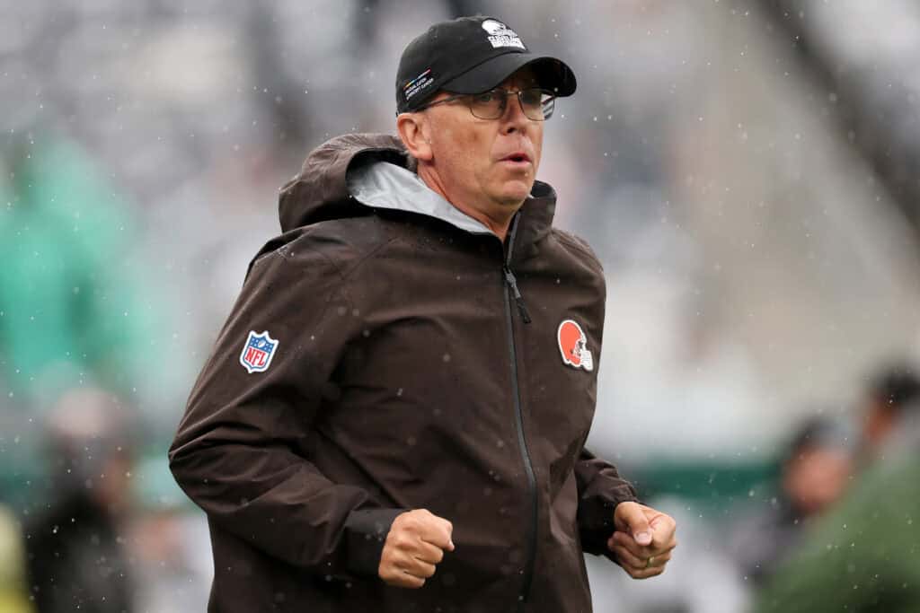 EAST RUTHERFORD, NEW JERSEY - OCTOBER 11: Head coach Todd Monken of the Cleveland Browns runs onto the field prior to the game against the New York Jets at MetLife Stadium on October 11, 2026 in East Rutherford, New Jersey.