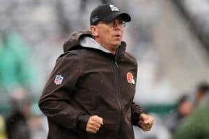EAST RUTHERFORD, NEW JERSEY - OCTOBER 11: Head coach Todd Monken of the Cleveland Browns runs onto the field prior to the game against the New York Jets at MetLife Stadium on October 11, 2026 in East Rutherford, New Jersey.