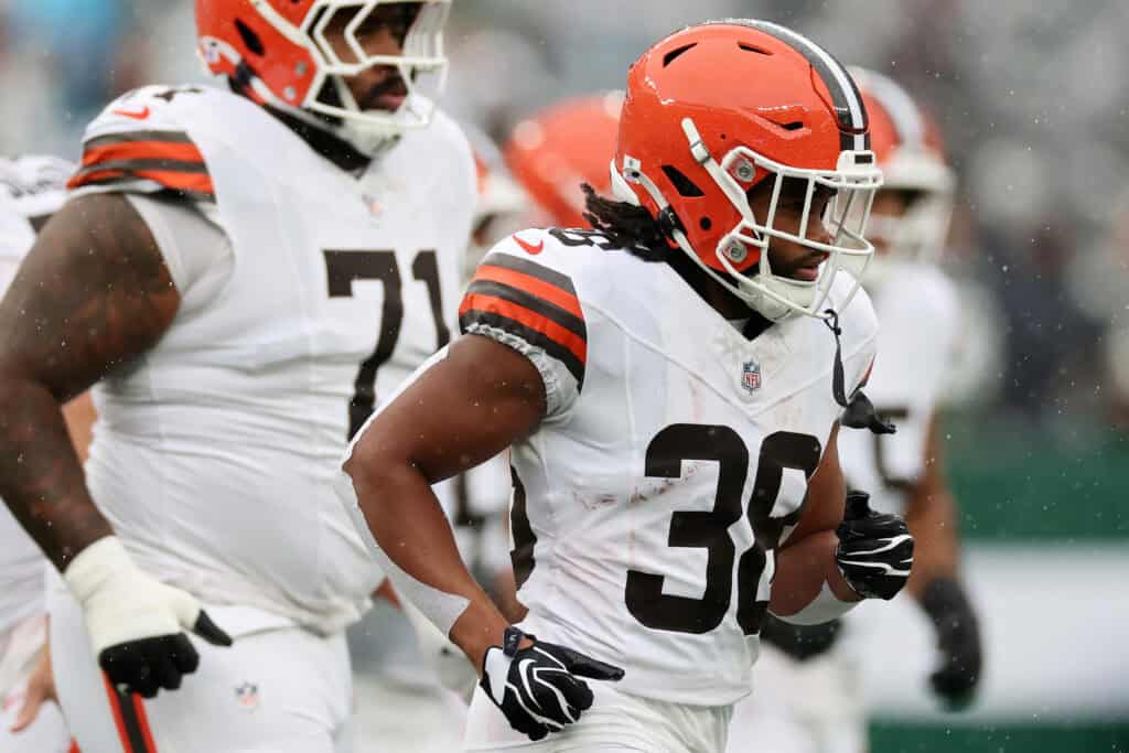 EAST RUTHERFORD, NEW JERSEY - OCTOBER 11: Jaleel McLaughlin #38 of the Cleveland Browns runs onto the field prior to the game against the New York Jets at MetLife Stadium on October 11, 2026 in East Rutherford, New Jersey