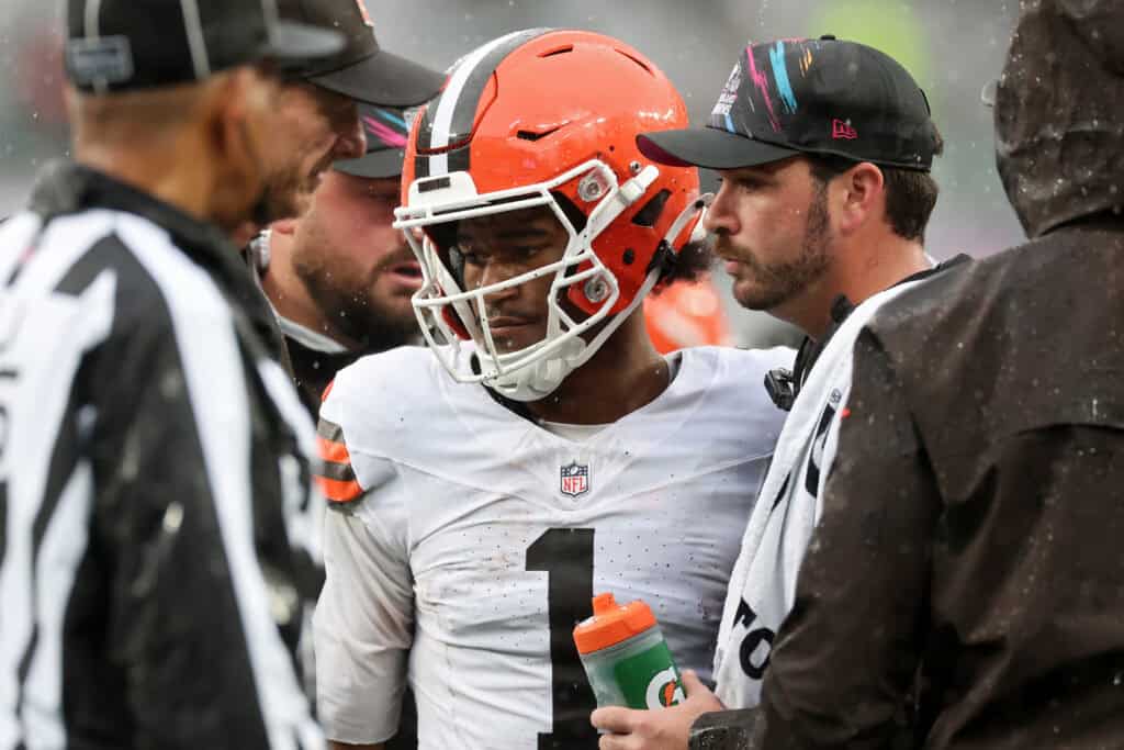 EAST RUTHERFORD, NEW JERSEY - OCTOBER 11: Kc Concepcion #1 of the Cleveland Browns speaks with the medical staff during the first quarter of the game against the New York Jets at MetLife Stadium on October 11, 2026 in East Rutherford, New Jersey.