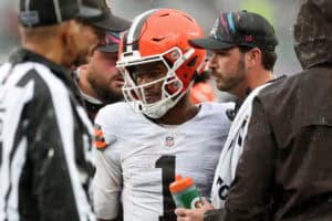 EAST RUTHERFORD, NEW JERSEY - OCTOBER 11: Kc Concepcion #1 of the Cleveland Browns speaks with the medical staff during the first quarter of the game against the New York Jets at MetLife Stadium on October 11, 2026 in East Rutherford, New Jersey.