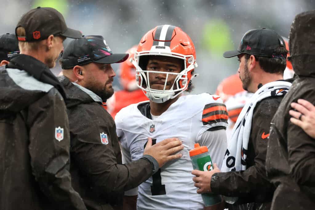 EAST RUTHERFORD, NEW JERSEY - OCTOBER 11: Kc Concepcion #1 of the Cleveland Browns speaks with the medical staff during the first quarter of the game against the New York Jets at MetLife Stadium on October 11, 2026 in East Rutherford, New Jersey
