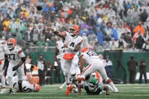 EAST RUTHERFORD, NEW JERSEY - OCTOBER 11: Deshaun Watson #4 of the Cleveland Browns makes a pass during the second quarter of the game against the New York Jets at MetLife Stadium on October 11, 2026 in East Rutherford, New Jersey.