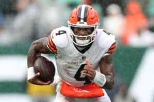 EAST RUTHERFORD, NEW JERSEY - OCTOBER 11: Deshaun Watson #4 of the Cleveland Browns rushes for yards during the second quarter of the game against the New York Jets at MetLife Stadium on October 11, 2026 in East Rutherford, New Jersey.