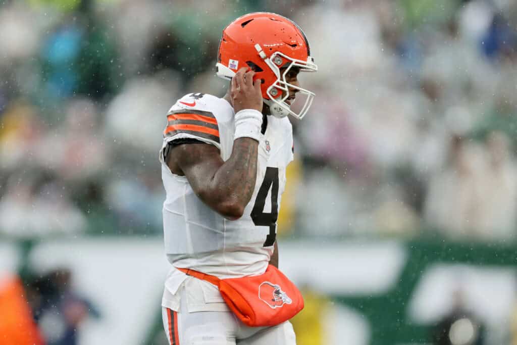 EAST RUTHERFORD, NEW JERSEY - OCTOBER 11: Deshaun Watson #4 of the Cleveland Browns looks on during the second quarter of the game against the New York Jets at MetLife Stadium on October 11, 2026 in East Rutherford, New Jersey.