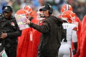 EAST RUTHERFORD, NEW JERSEY - OCTOBER 11: Head coach Todd Monken of the Cleveland Browns gives instructions from the sideline during the second quarter of the game against the New York Jets at MetLife Stadium on October 11, 2026 in East Rutherford, New Jersey.