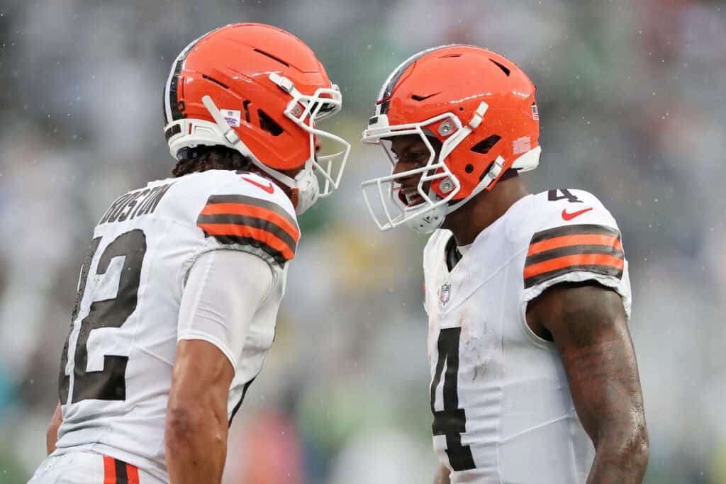 EAST RUTHERFORD, NEW JERSEY - OCTOBER 11: Deshaun Watson #4 and Denzel Boston #12 of the Cleveland Browns celebrate after scoring a touchdown during the fourth quarter of the game against the New York Jets at MetLife Stadium on October 11, 2026 in East Rutherford, New Jersey.