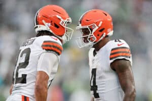 EAST RUTHERFORD, NEW JERSEY - OCTOBER 11: Deshaun Watson #4 and Denzel Boston #12 of the Cleveland Browns celebrate after scoring a touchdown during the fourth quarter of the game against the New York Jets at MetLife Stadium on October 11, 2026 in East Rutherford, New Jersey.