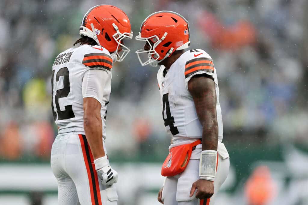 EAST RUTHERFORD, NEW JERSEY - OCTOBER 11: Deshaun Watson #4 and Denzel Boston #12 of the Cleveland Browns celebrate after a touchdown during the fourth quarter of the game against the New York Jets at MetLife Stadium on October 11, 2026 in East Rutherford, New Jersey.