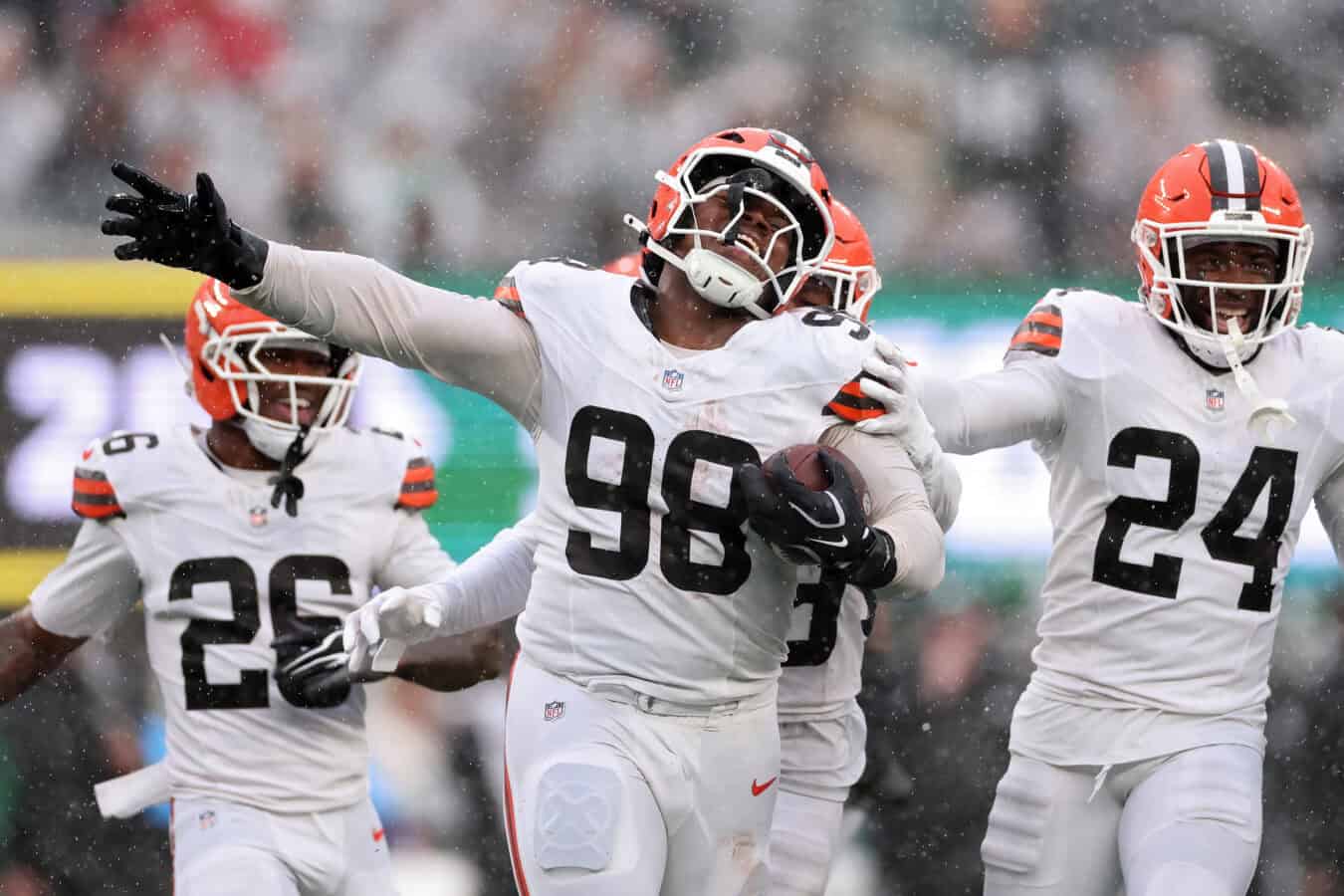 EAST RUTHERFORD, NEW JERSEY - OCTOBER 11: Adin Huntington #98 of the Cleveland Browns celebrates after recovering a fumble during the fourth quarter of the game against the New York Jets at MetLife Stadium on October 11, 2026 in East Rutherford, New Jersey.