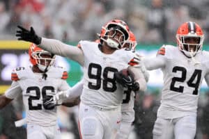 EAST RUTHERFORD, NEW JERSEY - OCTOBER 11: Adin Huntington #98 of the Cleveland Browns celebrates after recovering a fumble during the fourth quarter of the game against the New York Jets at MetLife Stadium on October 11, 2026 in East Rutherford, New Jersey.